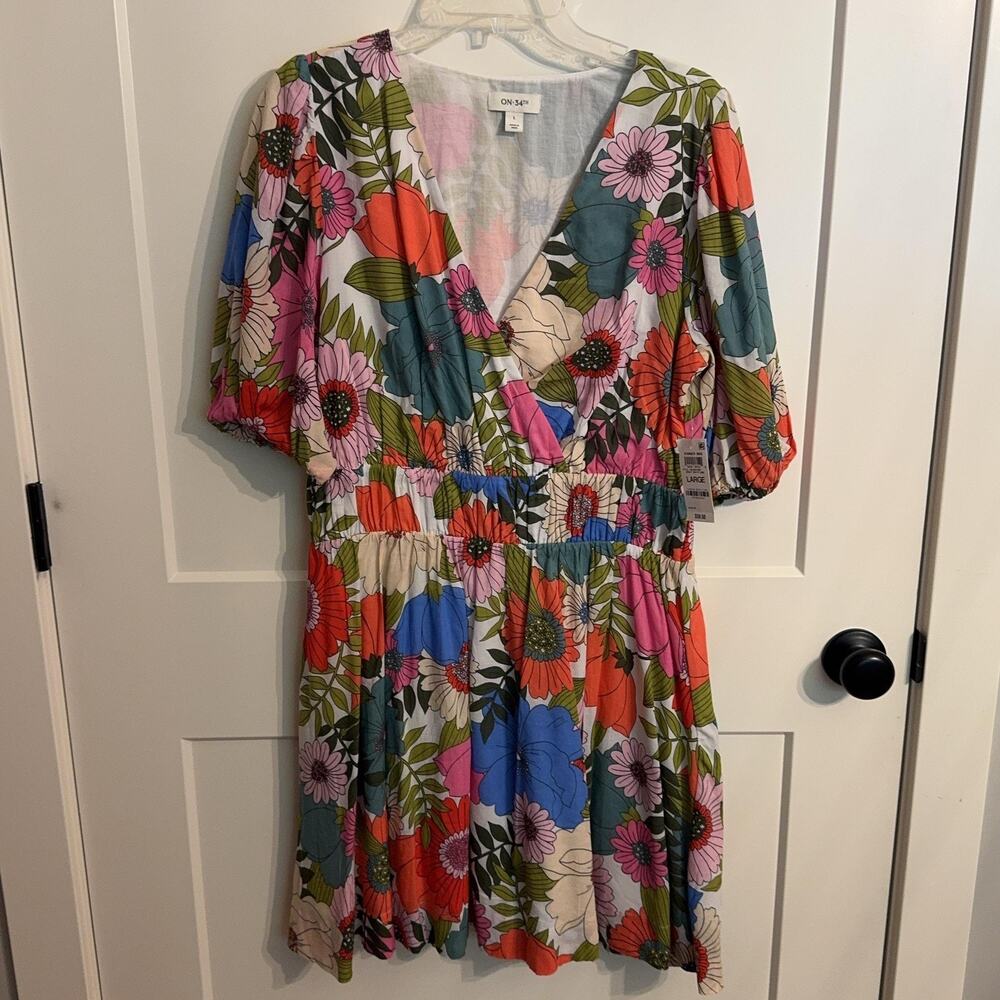 On 34th Floral Dress Sz L Multicolor Puff Sleeve Fit & Flare Lined Sundress Boho